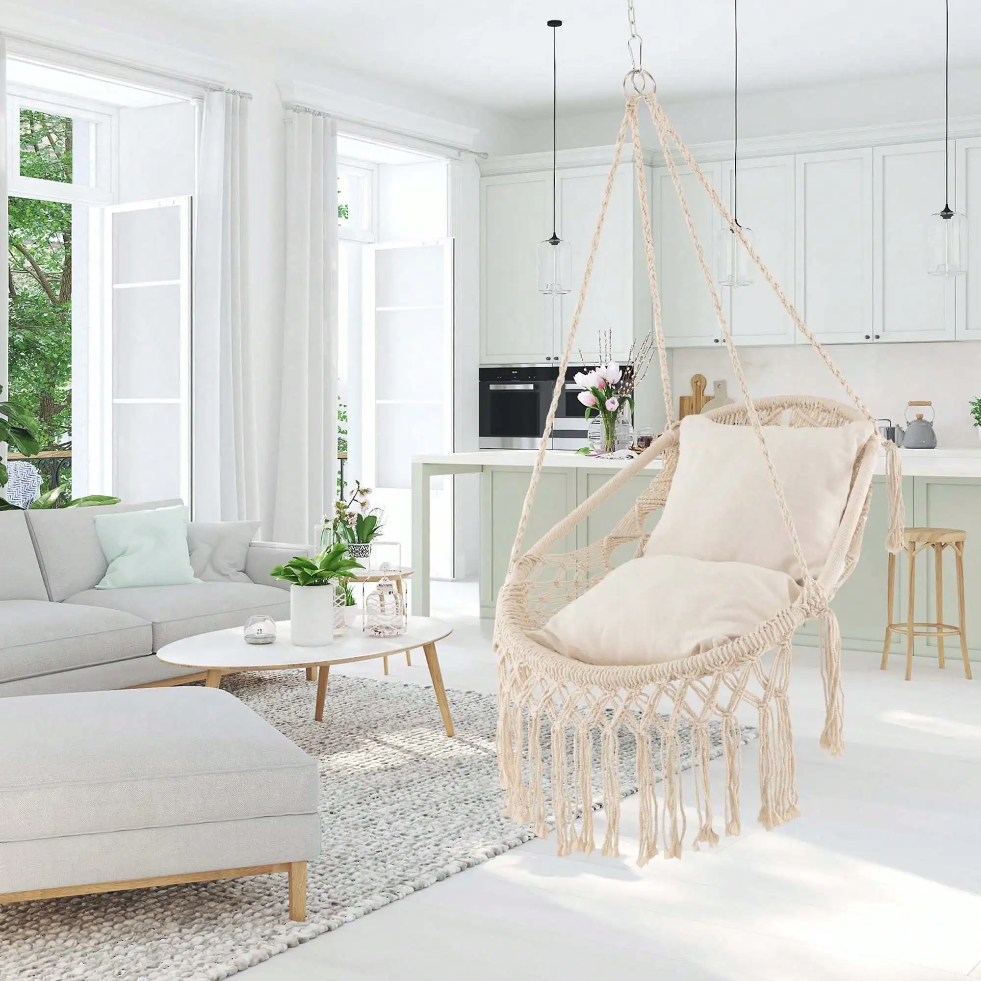 실내외 마크라메 그네 부드러운 좌석 쿠션 튼튼한 매달림 로프 및 체인 포함