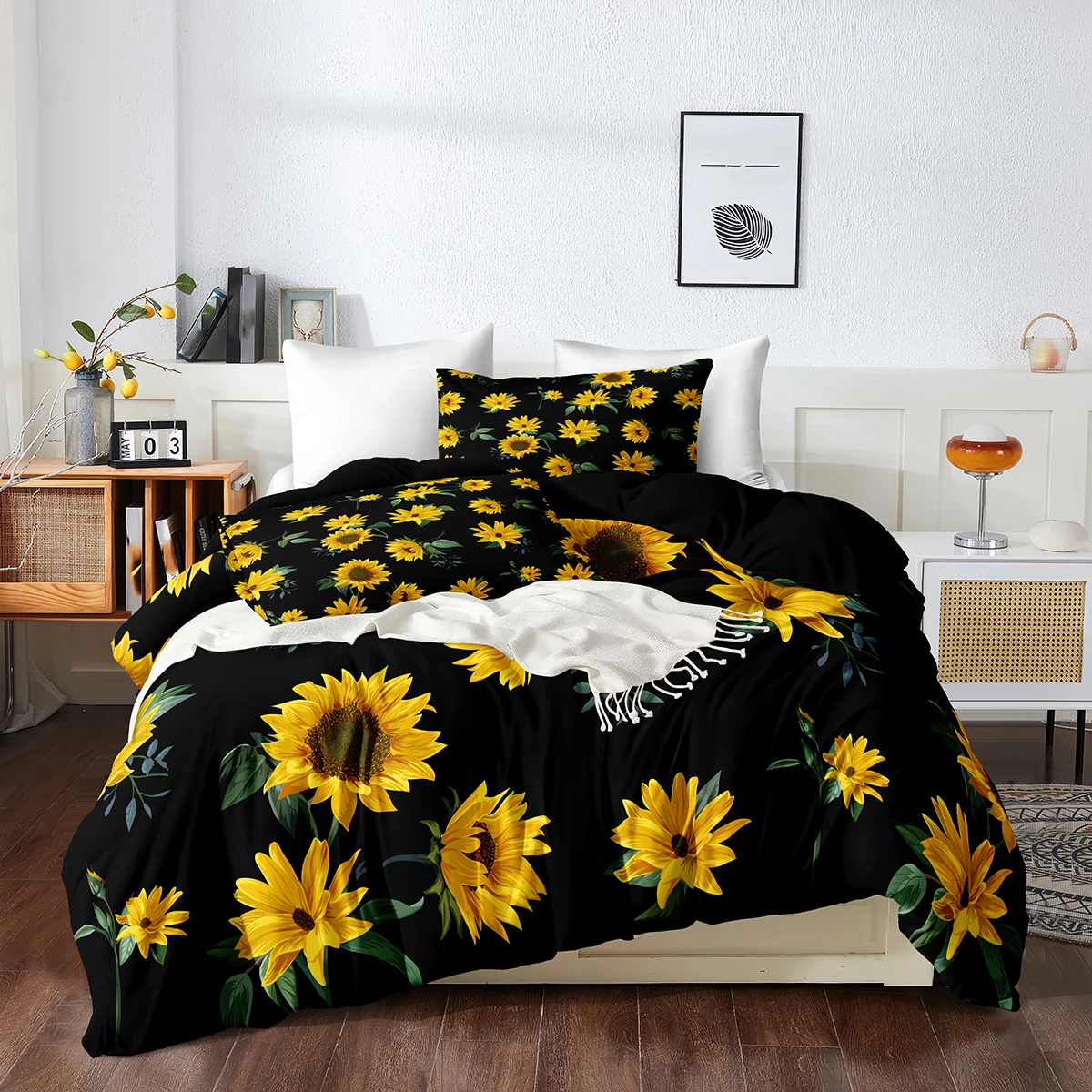 Zwarte Zonnebloem Dekbedovertrek Set 3 STKS Ademend met Kussensloop Botanisch Beddengoed Set Zacht Bed Cover Set Bloemen Home Decor