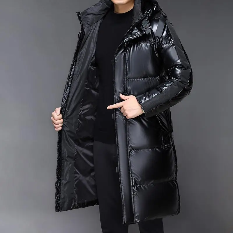 

Black Mid Length Warm White Duck Down Jacket Men's Winter Hooded Bright Long Puffer Coats Outwear High-End Thick Top Down Parkas