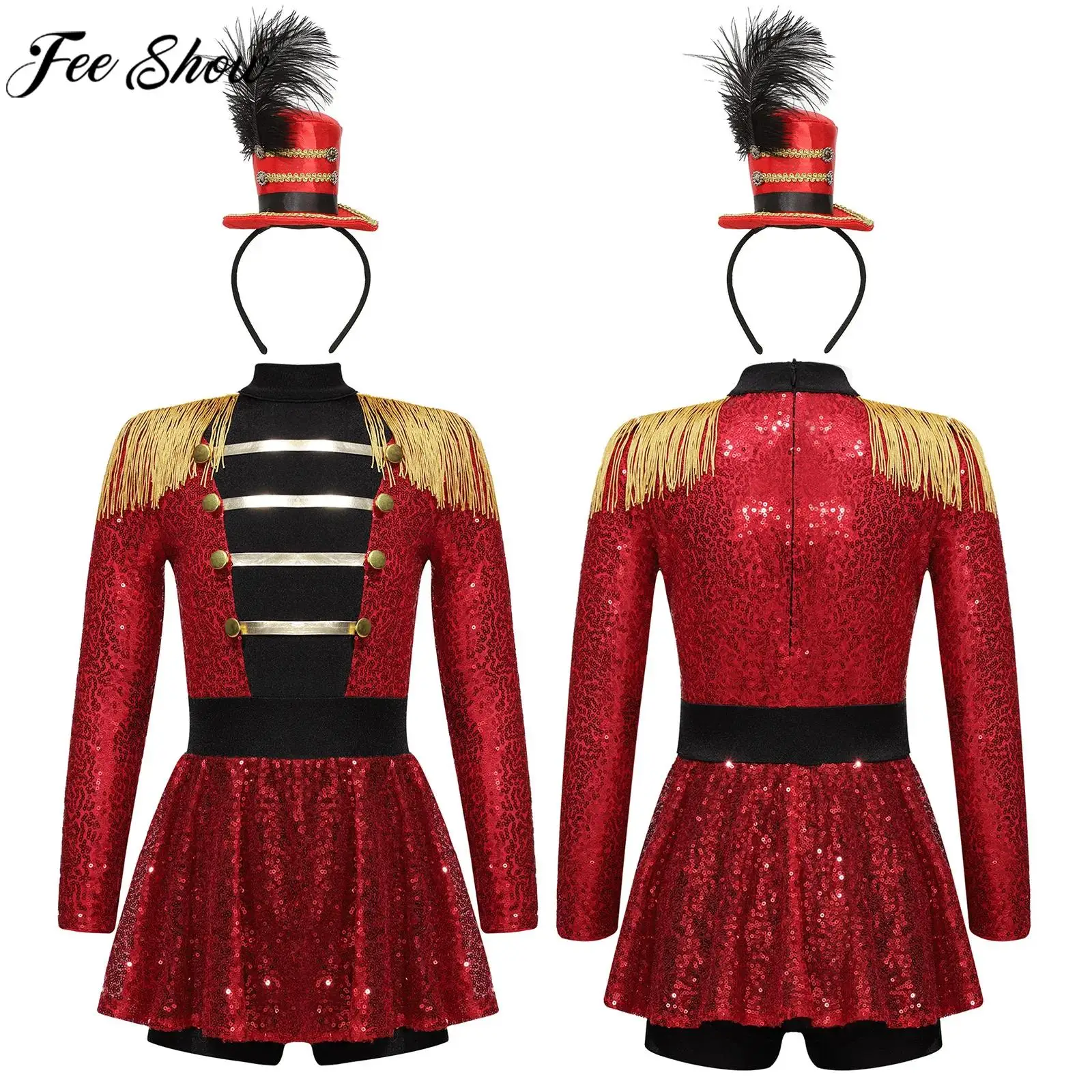 Kids Girls Circus Ringmaster Costume Long Sleeve Sequin Bodysuit Dress with Top Hat Headband for Festival Carnival Cosplay Party