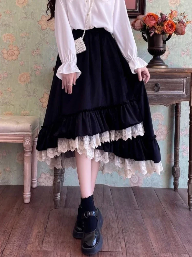 Black Lace France Vintage Skirt Women Elastic Casual Elegant Party Midi Skirt Female Lace Irregular Y2k Skirt Autumn Winter 2024