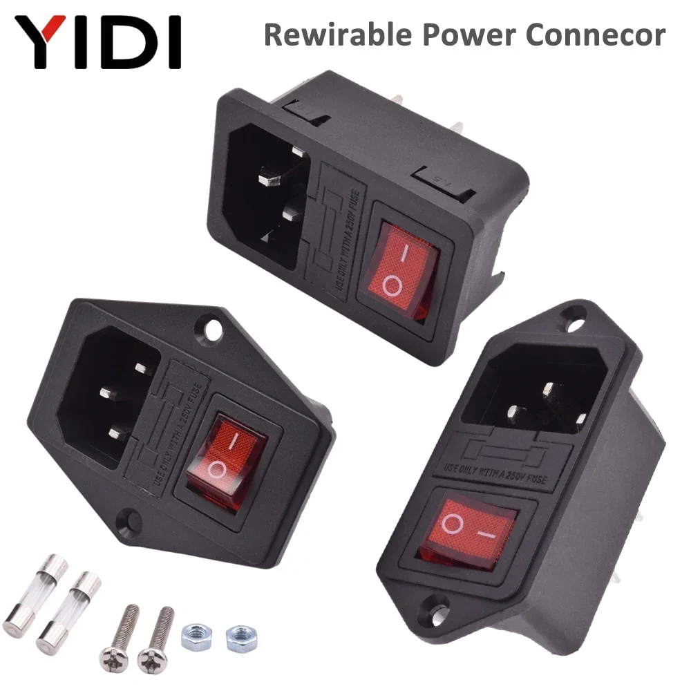 

5/10Sets IEC320 C13 AC Inlet Power Plug Socket Electrical Brass Cable Wire Connector 10A 250V Red Lamp Rocker Switch with Fuse