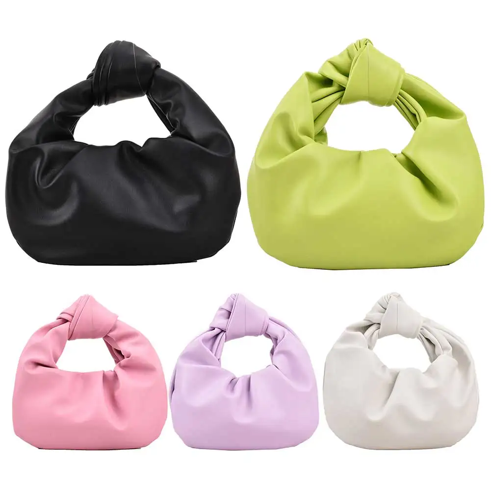 Women Pleated Clutch Bag Solid Color PU Leather Knot Top Handle Bag Simple Ruched Tote Pouch for Party Vacation