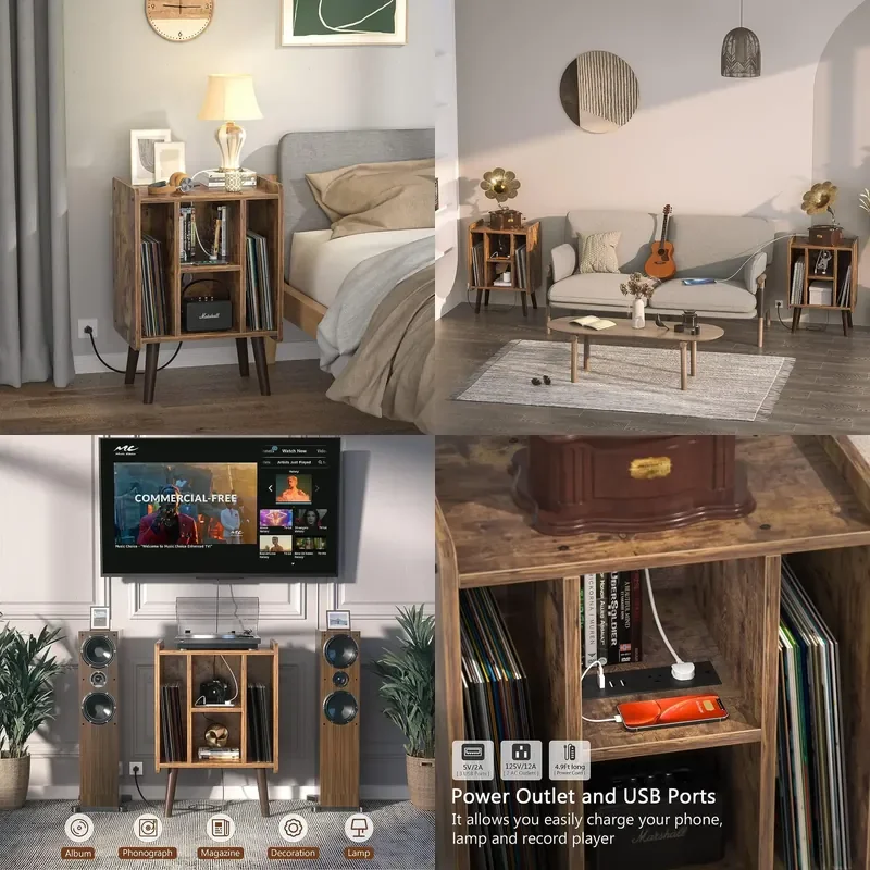 Modern Nightstand with USB Charging Port and Power Outlet Compact Audio Rack for Bedroom Living Room Storage Furniture