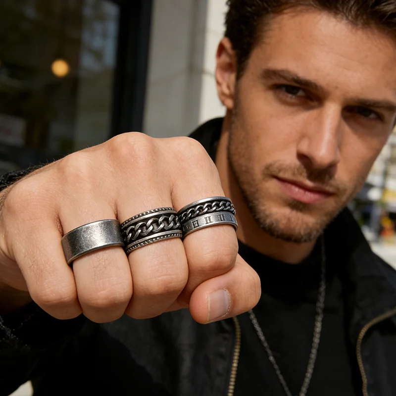 Letdiffery Vintage Punk Rings for Men Women Stainless Steel Antique Retro Metal Silver Gothic Rings Rock Hiphop Jewelry Gifts