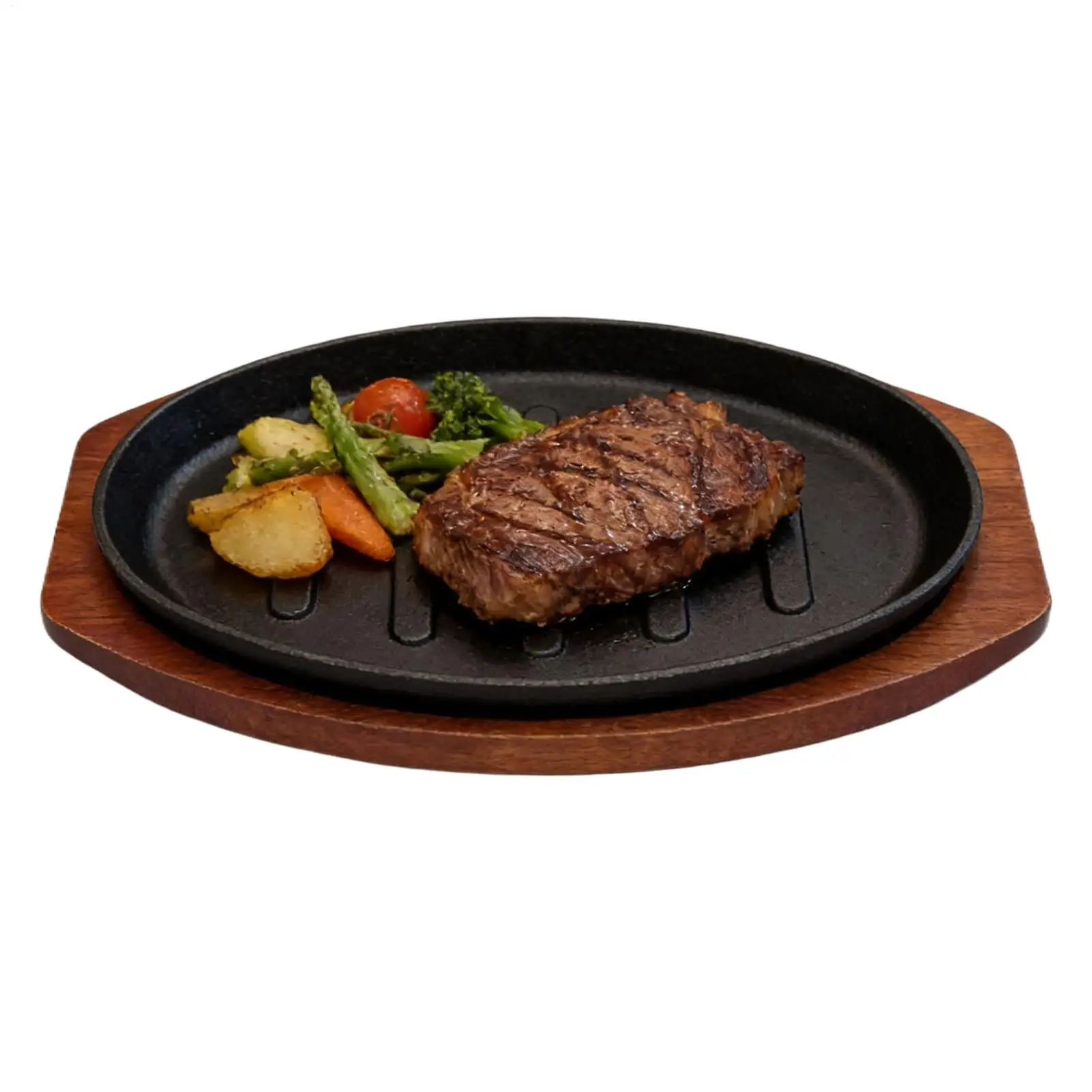 Cast Iron Oval Shape Restaurant Barbecue Plate Steak Sizzling Hot Pan Plate with Wooden Base Teppanyaki Grilled Fish Tray