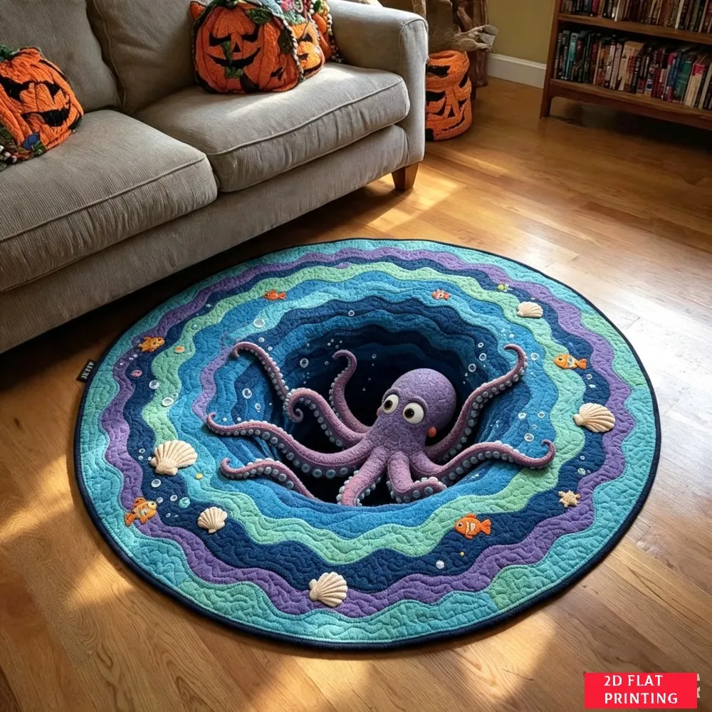 Playful Purple Octopus Ocean Wave Seashell Fish Round Rug For Playful Living Area Featuring Underwater Fun Carpet Splash