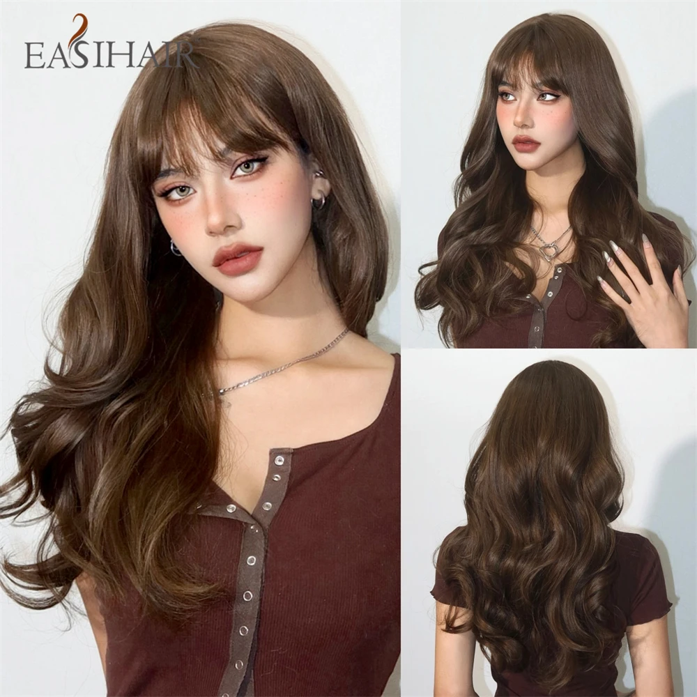 

EASIHAIR Натуральные каштаново-коричневые длинные волнистые синтетические парики с челкой для женщин, повседневные косплей-вечеринки, термостойкие парики из искусственных волос