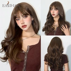 EASIHAIR Natural Chestnut Brown Long Wavy Synthetic Wigs with Bangs for Women Daily Cosplay Party Heat Resistant Fake Hair Wigs