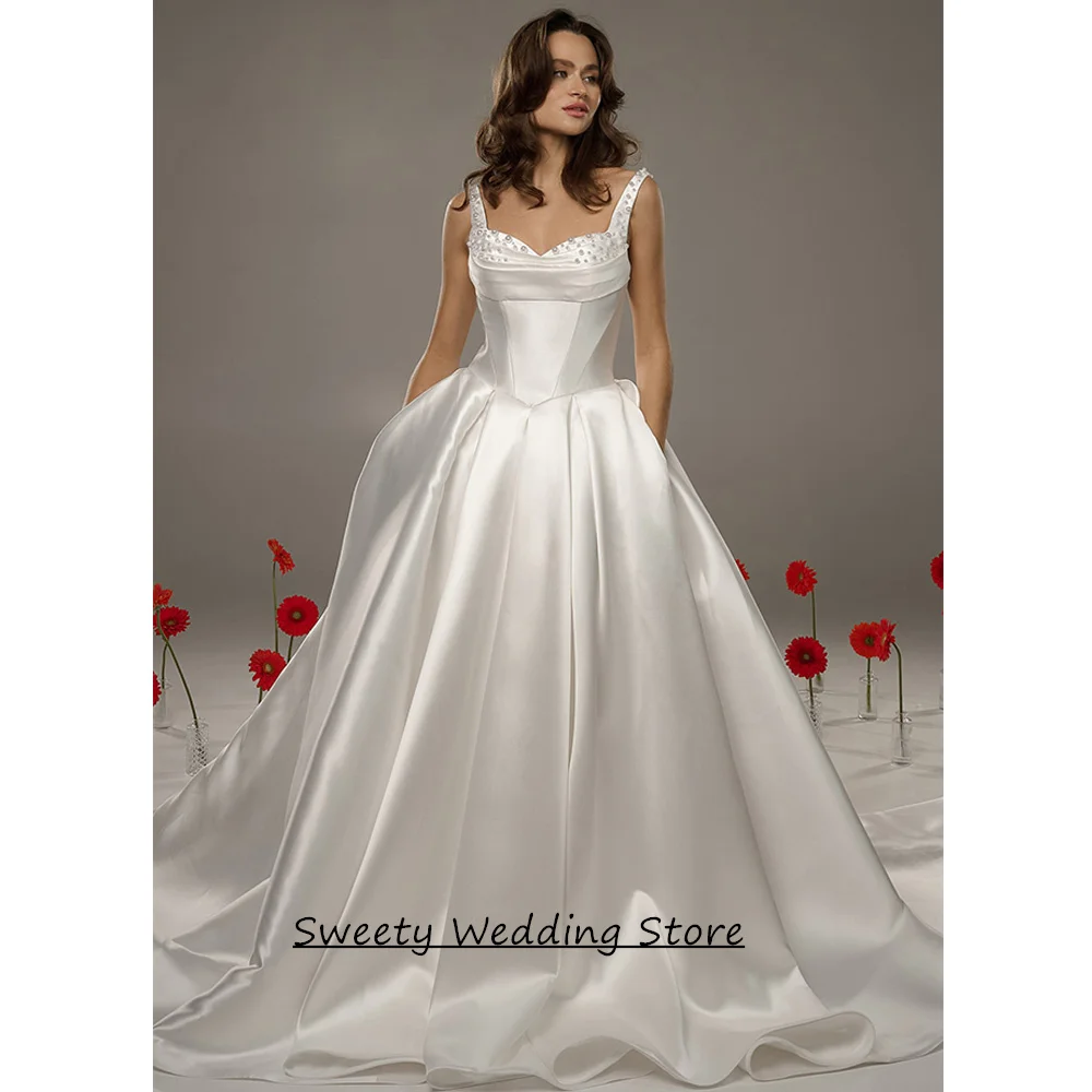 Customized Mikado Satin Wedding Dress Modern Sweetheart Sleeveless Pearls Pleat Draped Skirt A Line Bridal Gown for Bride
