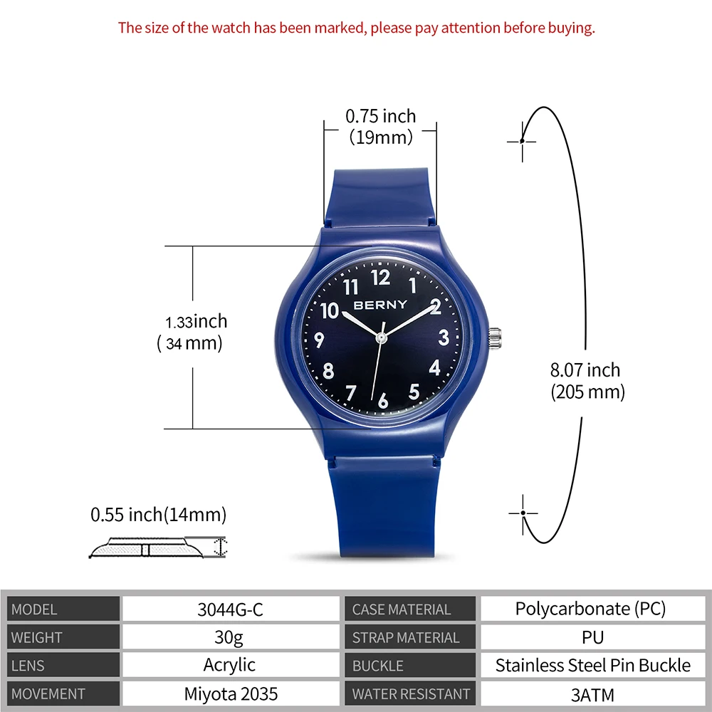 Berny-カジュアルクォーツ腕時計、puストラップ、miyota 2035、ムーブメントファッション、3atm防水、アクリル表面レンズ