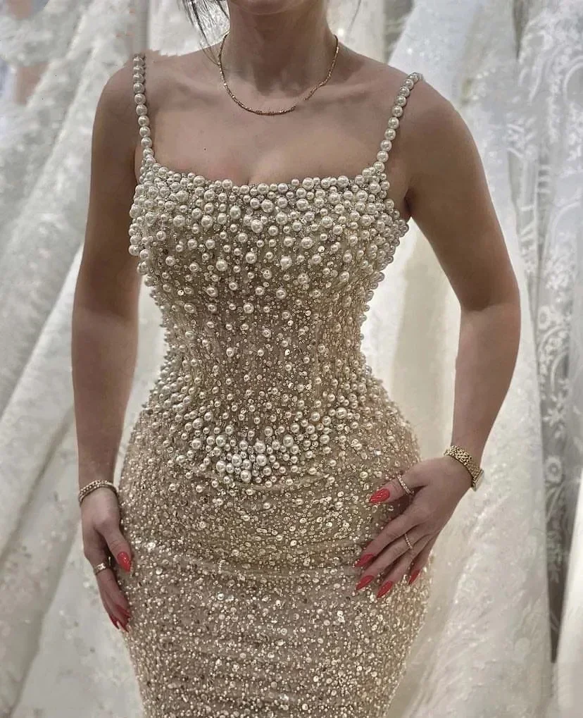Vinca Sunny Customized Luxurious Pearls Prom Dress for Women Rhinestones Mermaid Spaghetti Straps Robes De Soiree Evening Dress image 3