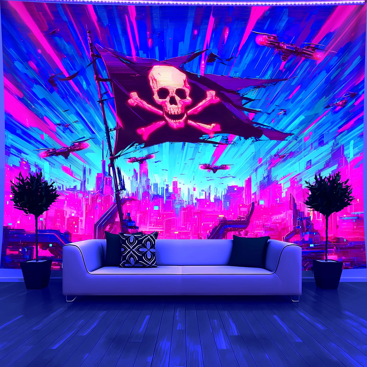VIKAMA Cyberpunk Skull City Scene نسيج نابض بالحياة الأزرق والوردي النيون شيك غرفة المعيشة ميزة جدار غرفة الألعاب موضوع بار ديكور