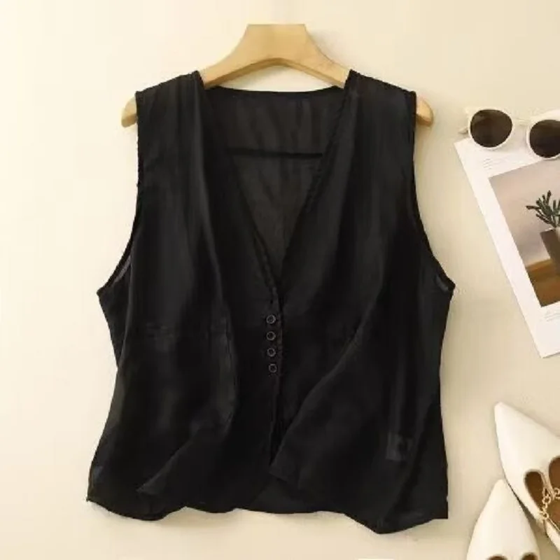 Womens Cotton Linen Vest  Solid Color Thin Waistcoat Summer