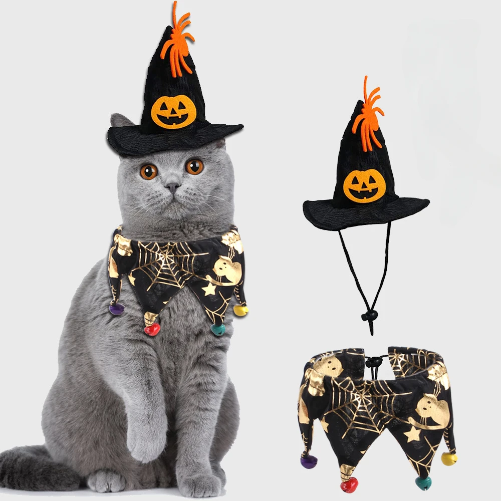 1Pc Halloween Pet Hat Scarf Cat Dog Witch Hat Collar Skull Spider Pumpkin Print Spooky Cosplay Costume Adjustable Bell Accessory