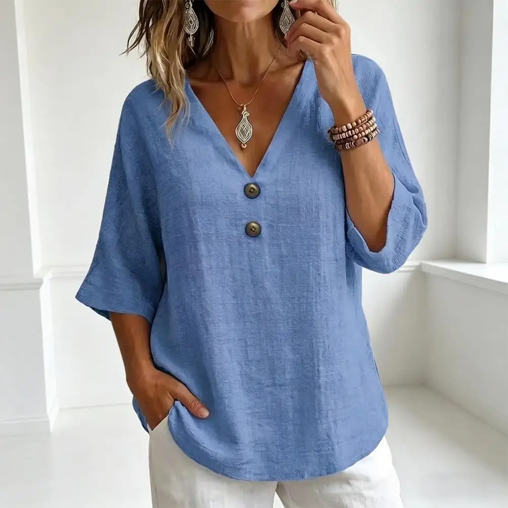 

Women Blouse Summer Cotton And Linen French V-neck Button Decoration Seven Quarter Sleeve Loose Top Solid Color T-shirt