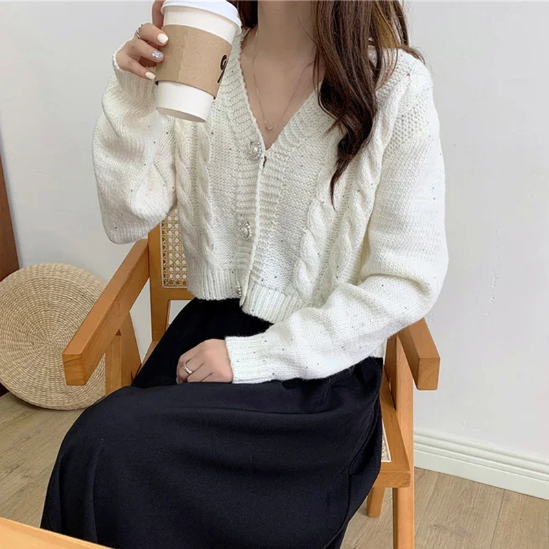 HELIAR Pearl Buttons Cardigan Women Sweet Long Sleeve Cropped Elegant Knitted Sweaters Coat Korean Long Sleeve White Cardigan