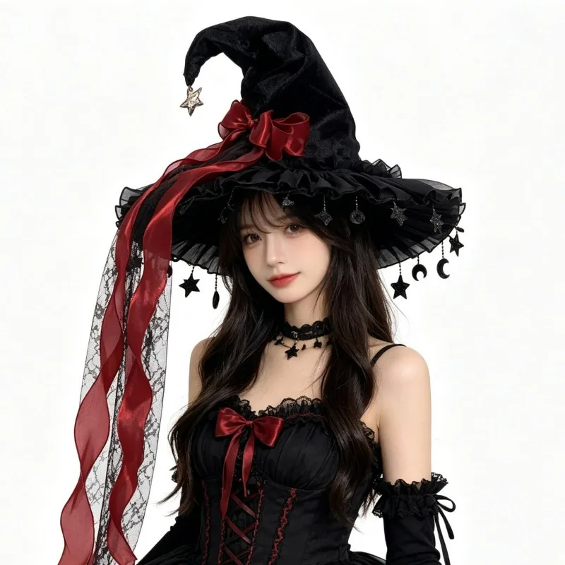 Handmade Halloween Witch Cosplay Hat Women Girls  Gothic Dark Bowknot Fleece Lace Lolita Princess Ladies Wizard Hat