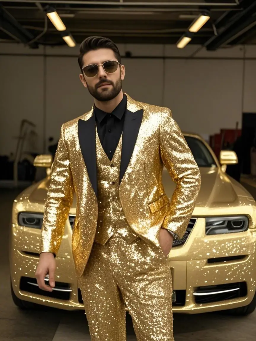 

Handsome Sparkly Gold Sequins Men Suits Party Prom Groom Tuxedos 3 Pieces Sets Male Blazer Sets Customized Wedding Costume Homme
