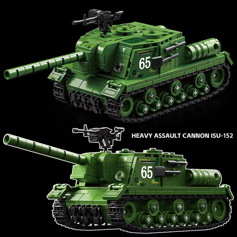 Soviet ISU-152 Heavy Assault Gun Tank Destroyer Self-Propelled Artillery Assembly Model Military Building Blocks Toy Kids Gifts