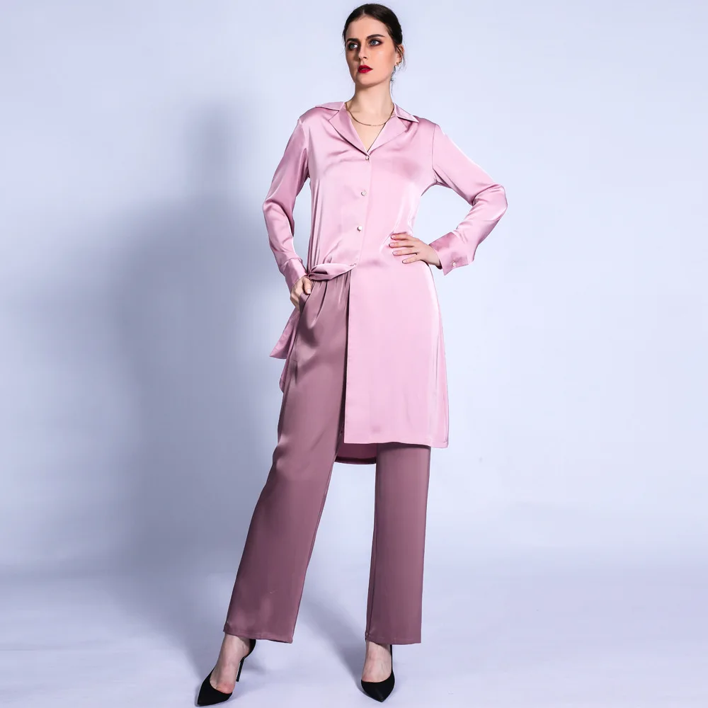 2PCS Women Fashion Muslim Sets Elegant Long Sleeve Turn Down Collar Long Tops and Wide Leg Pants Sets Casual Trousers Women Set