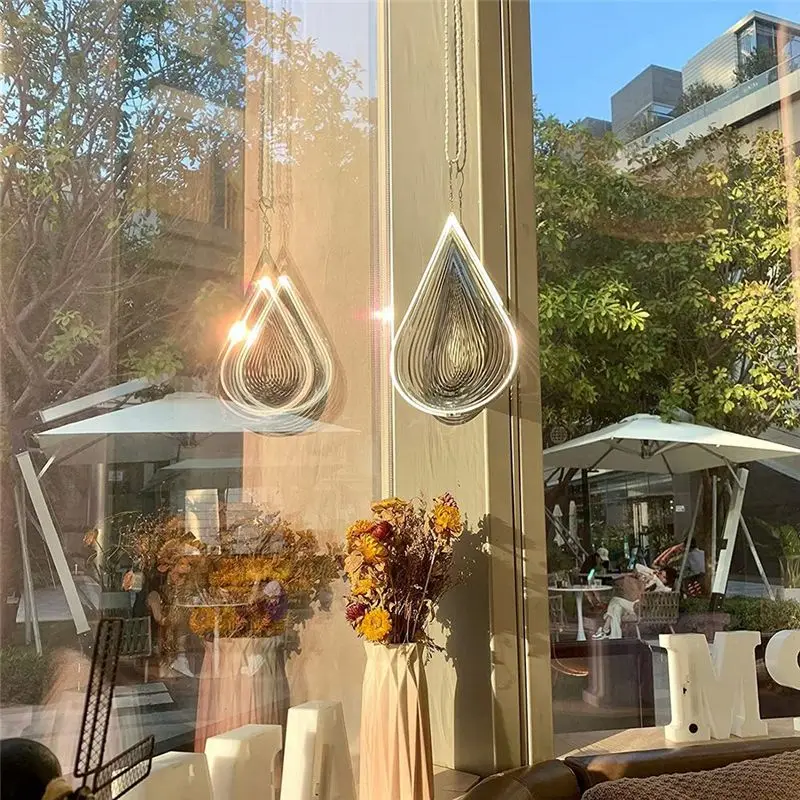 (AIMA) Wind Spinner Water Drop-Shaped Stainless Steel 3D Flowing Light Effect Decoration for Outdoor Garden Hanging Decor Gift