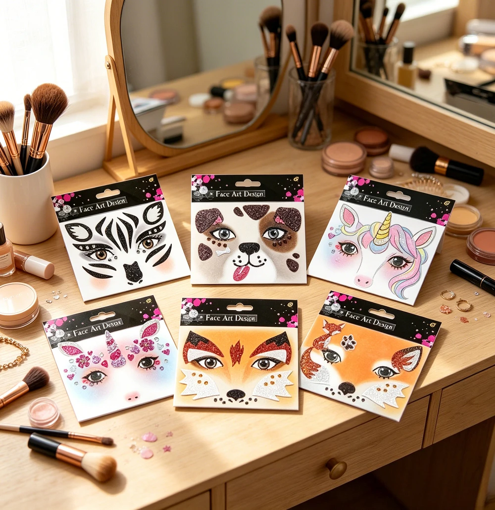 1/4p Animal Pattern Facial Stickers Self-adhesive Rhinestone Eye Forehead Stickers Halloween Carnival Party Makeup Decoration
