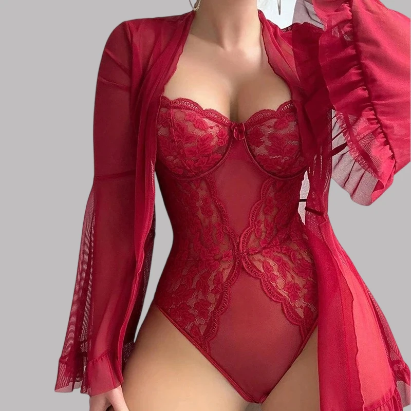 

Toucheart Sexy Pajamas Nightgowns for Women Solid Color Long Sleeves Lace Up Lace Perspective Jumpsuit Shawl Two-piece Set New