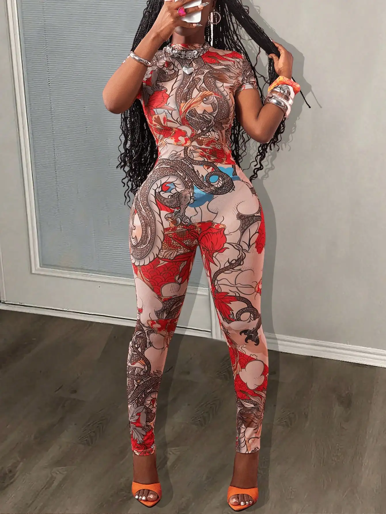 Kombinezon z siateczki z nadrukiem smoka w dużych rozmiarach z stójką - seksowna odzież uliczna na festiwale muzyczne