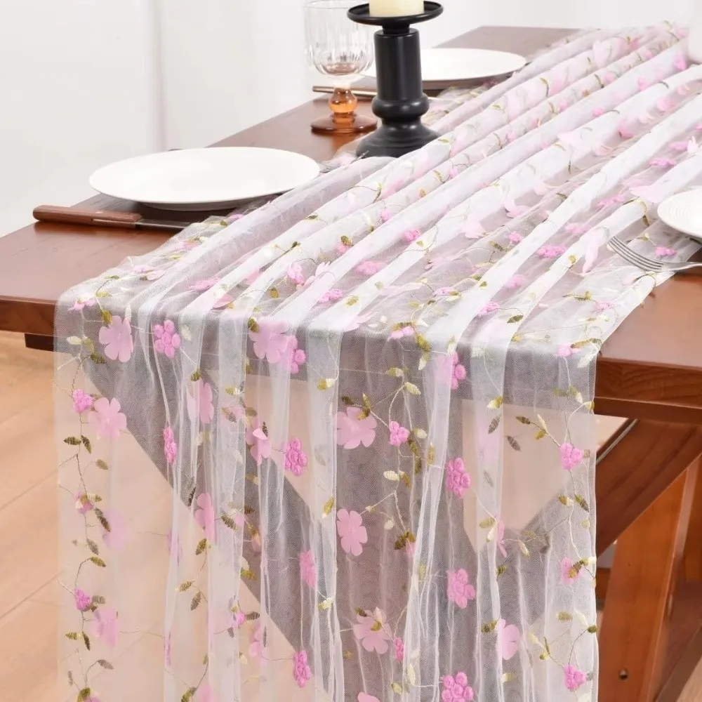 70x300CM Tulle Table Runner Polyester Lace Embroidered Lace Table Runner Floral Embroidery Sheer Floral Table Runner