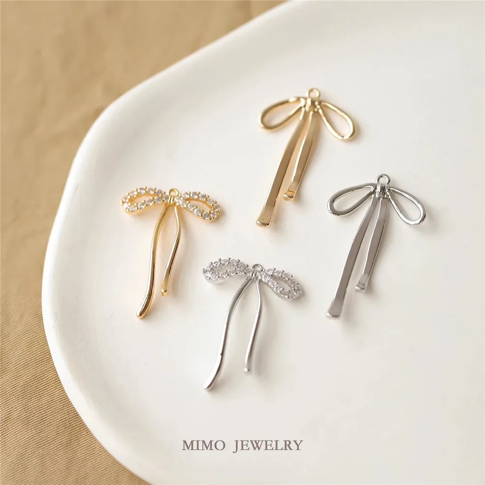

1PCS Copper Plated with Real Gold, Slightly Zircon Inlaid Long Ribbon Bow Pendant, DIY Handmade Accessory