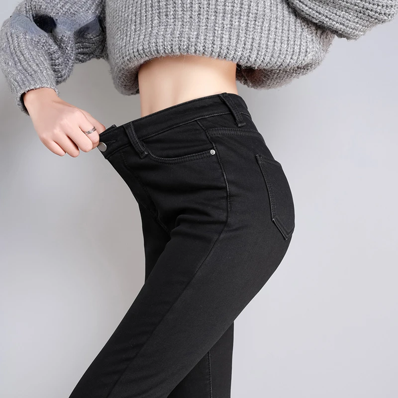 New Women Thick Velvet Jeans Fleece Warm Korean Fashion High Waist Skinny Elastic Pants Jean Casual Legging Winter 2023