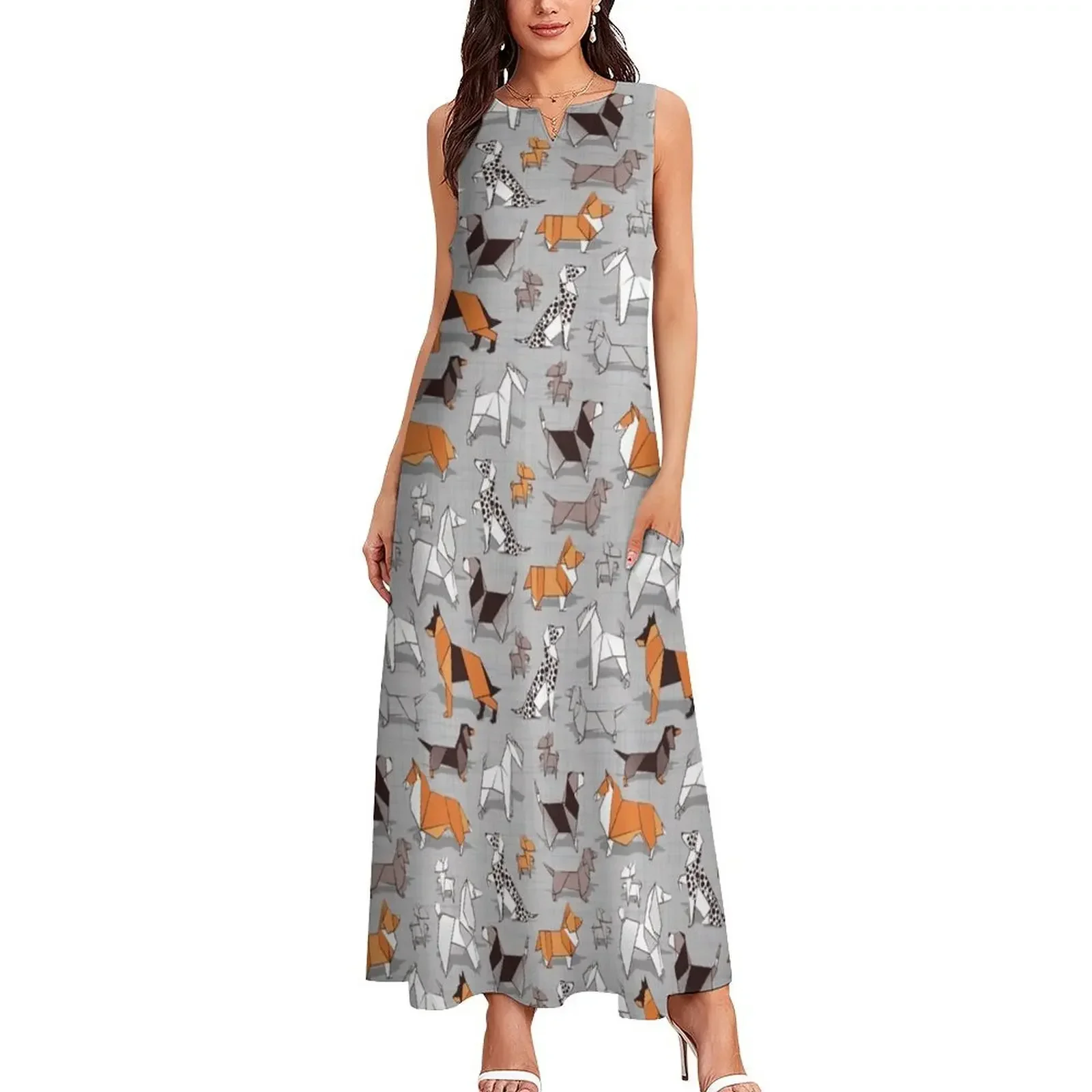 ชุดเดรสยาวลายสุนัขพันธุออริกาเมะ พื้นหลังผ้าลินินสีเทา ชุดเดรสยาวสำหรับผู้หญิง ชุดราตรีออกงาน ชุดเดรสผู้หญิง