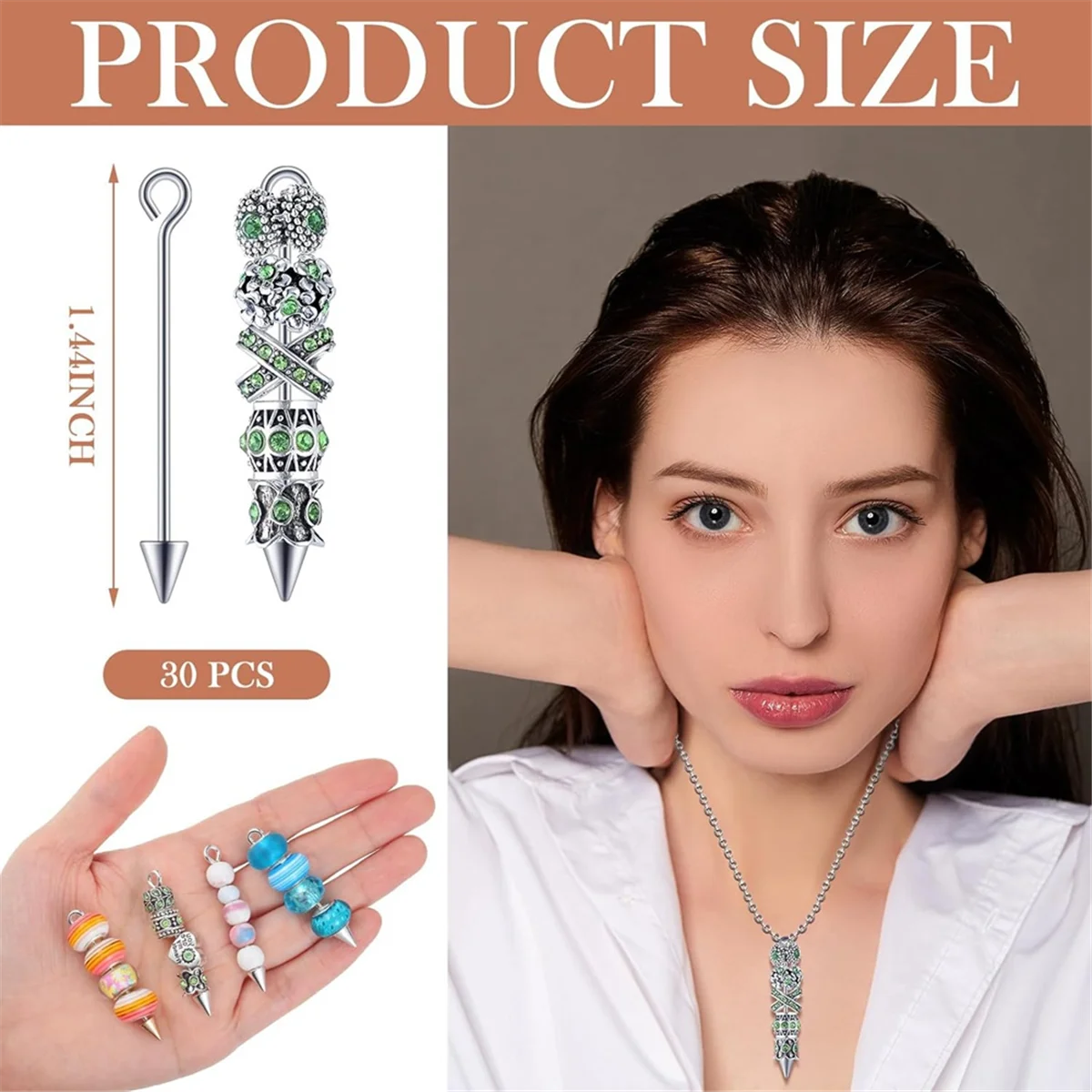 30 Pieces Metal Long Rod Pendants with Eye Pins with Tapered Bead Ends for Earrings Necklace Making Silver