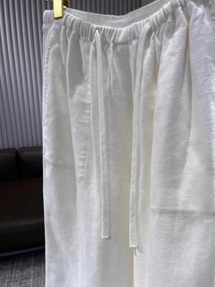 

Элитные белые льняные мужские летние брюки из хлопка и льна, широкие, свободные, прямые, повседневные, укороченные, модный бренд