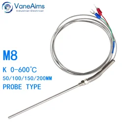 1m M8 Temperature sensor Thermocouple Type K 50mm 100mm 150mm 200mm Compression Spring Probe Temp Sensor 0-600℃ with 2 terminals