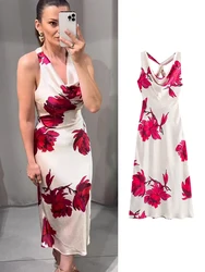 TRAF Elegant Women Floral Printed Midi Dress Summer Pile Collar Sleeveless Backless Dress Fashion Slim Beach Evening Party Dress