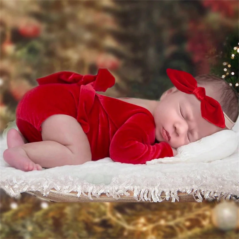 Newborn Baby Christmas Rompers Red Green Velvet Long Sleeve Bodysuit for Photography With Big Bow Headband Xmas Clothing Costume