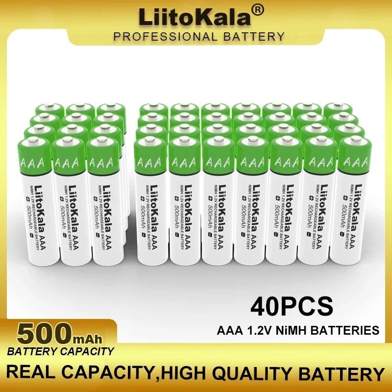 40PCS/Set LiitoKala Original AAA NiMH 1.2V Rechargeable Battery 500mAh For Flashlight, Toys，Keyboard and Mouse