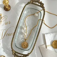 Retro Brass Glass Trays Decorative European Classical Rectangle Relief Craft Jewelry Necklace Display Plate Aromatherapy Tray