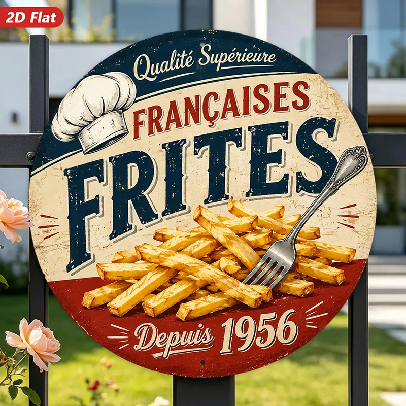2D Flat, 1pc Vintage Fries Bistro Round Metal Sign Wall Art, Home Decor, Golden French Fries, Fork And Chef Hat, French Wording