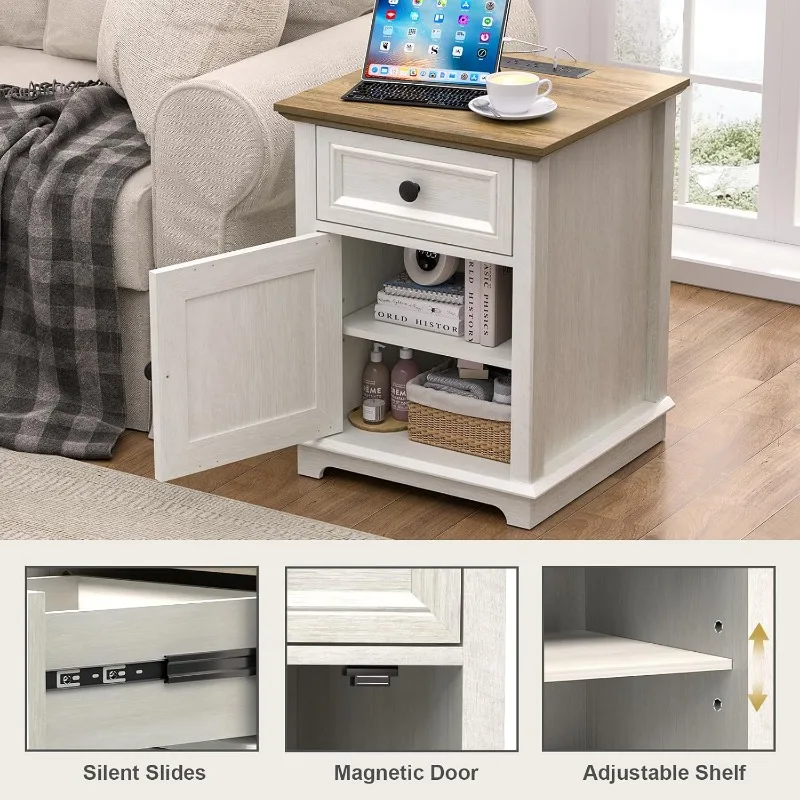 End Table with Charging Station, Fast Charge, End Table with Drawer, Big Storage Side Table for Living Room/Bedroom, White