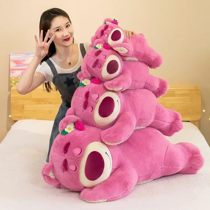 50-90cm MINISO lindo oso de fresa juguetes de peluche grandes almohada muñeca de peluche de dibujos animados niñas Kawaii Anime oso muñeco de peluche para niños regalos