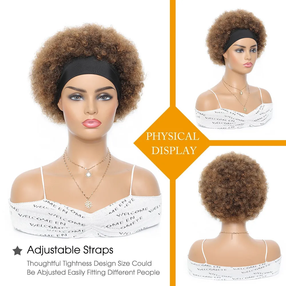 Afro Puff Curly Wig Short Headband Curly Wig Head Wrap Wig Brazilian Human Hair Wigs for Black Women Turban Wrap Wig