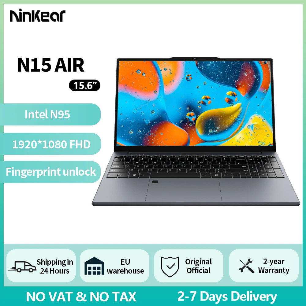Ordinateur portable Ninkear N15 Air 15,6" FHD IPS 16 Go DDR4 512 Go SSD Intel N95 180 °   retourner avec le clavier rétroéclairé par déverrouillage par empreinte digitale Windows 11