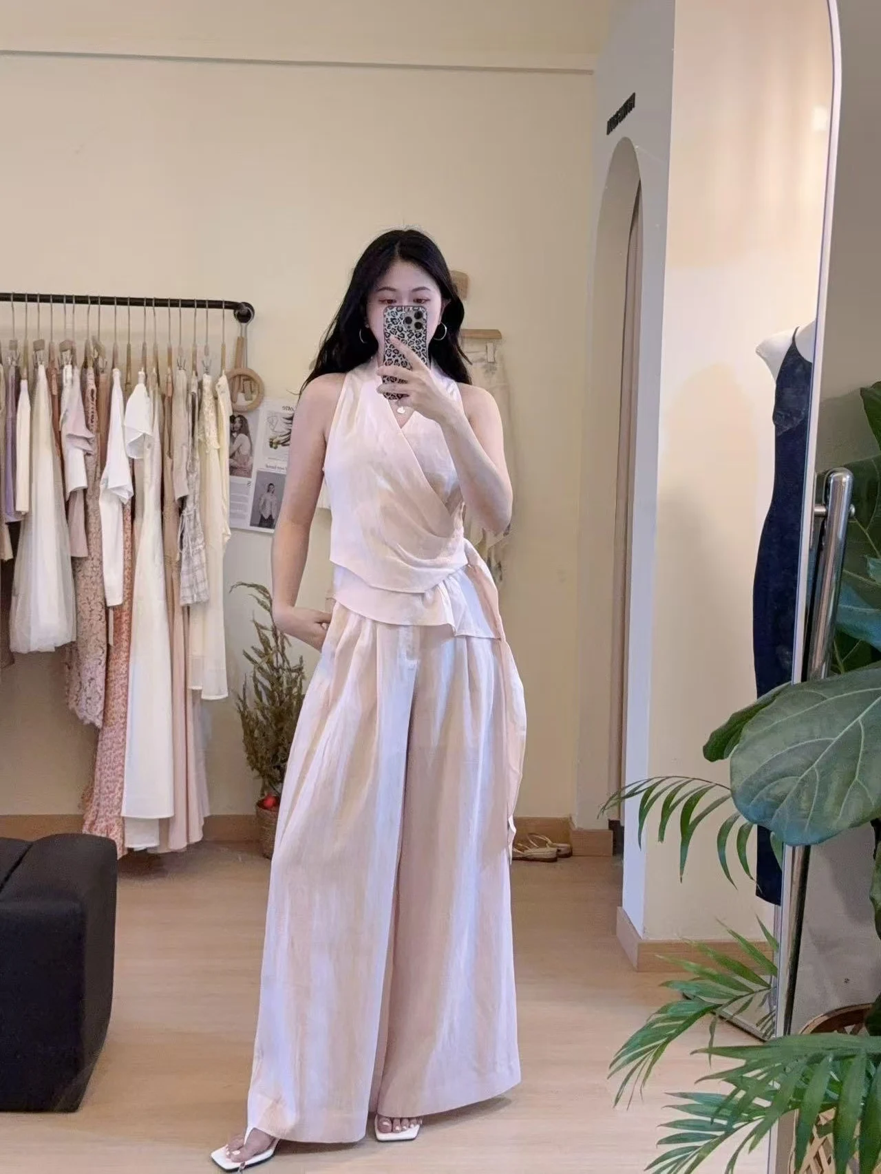 Pink Crossbody Waist-Cinching Top And Wide Leg Pants Set Women's Summer Sleeveless Pleated White Vest Two-Piece Suit
