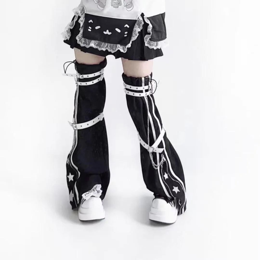 Harajuku سايبر الشرير الصخرة المرأة جوارب السيقان Y2k القوطية سستة قابل للتعديل الجلود مشبك فوق الركبة الأكمام القدم غطاء الساق الشارع