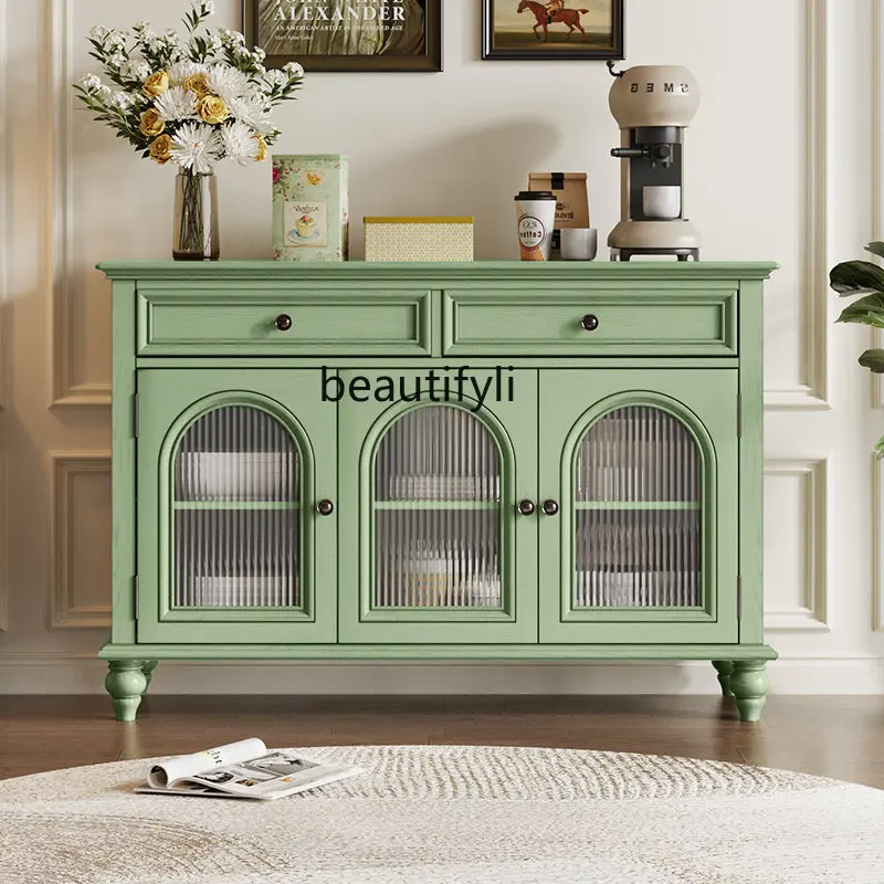 zq American-Style Solid Wood Arch Retro Green Sideboard Cabinet French Wine Cabinet Living Room Retro Porch Locker