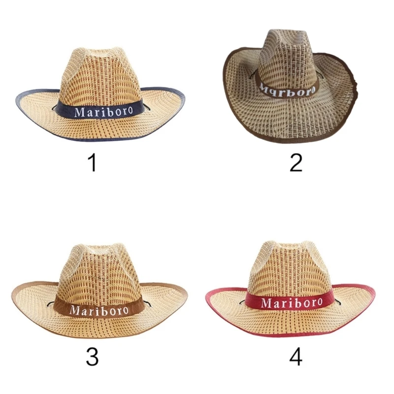 Paja occidental Retro para hombre, sombrero para ancha y rizada, letras estampadas