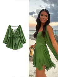 TRAF Women's Fashion Summer Pleated Short Beach Dress Sexy V Neck Split Long Sleeve Dress Casual Party A-line Tulle Dresses